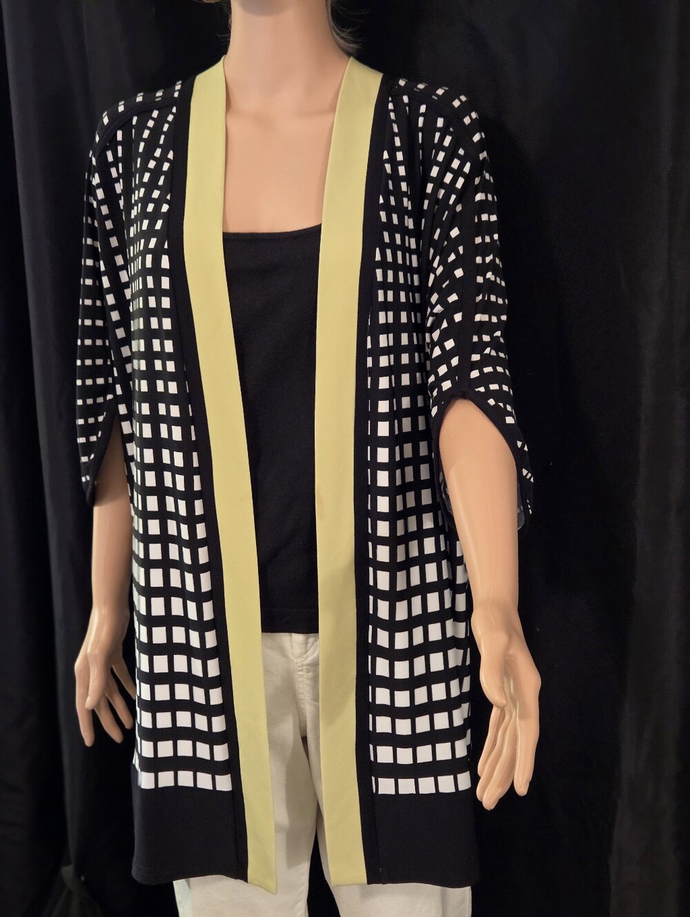 Joseph Ribkoff Black Grid Dress with Lime V-Neck